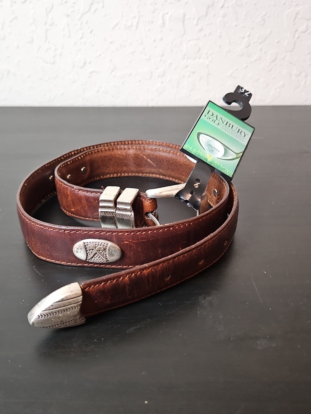 Danbury Golf Belt in Brown Leather with Silver Accents, Size 32, NWT